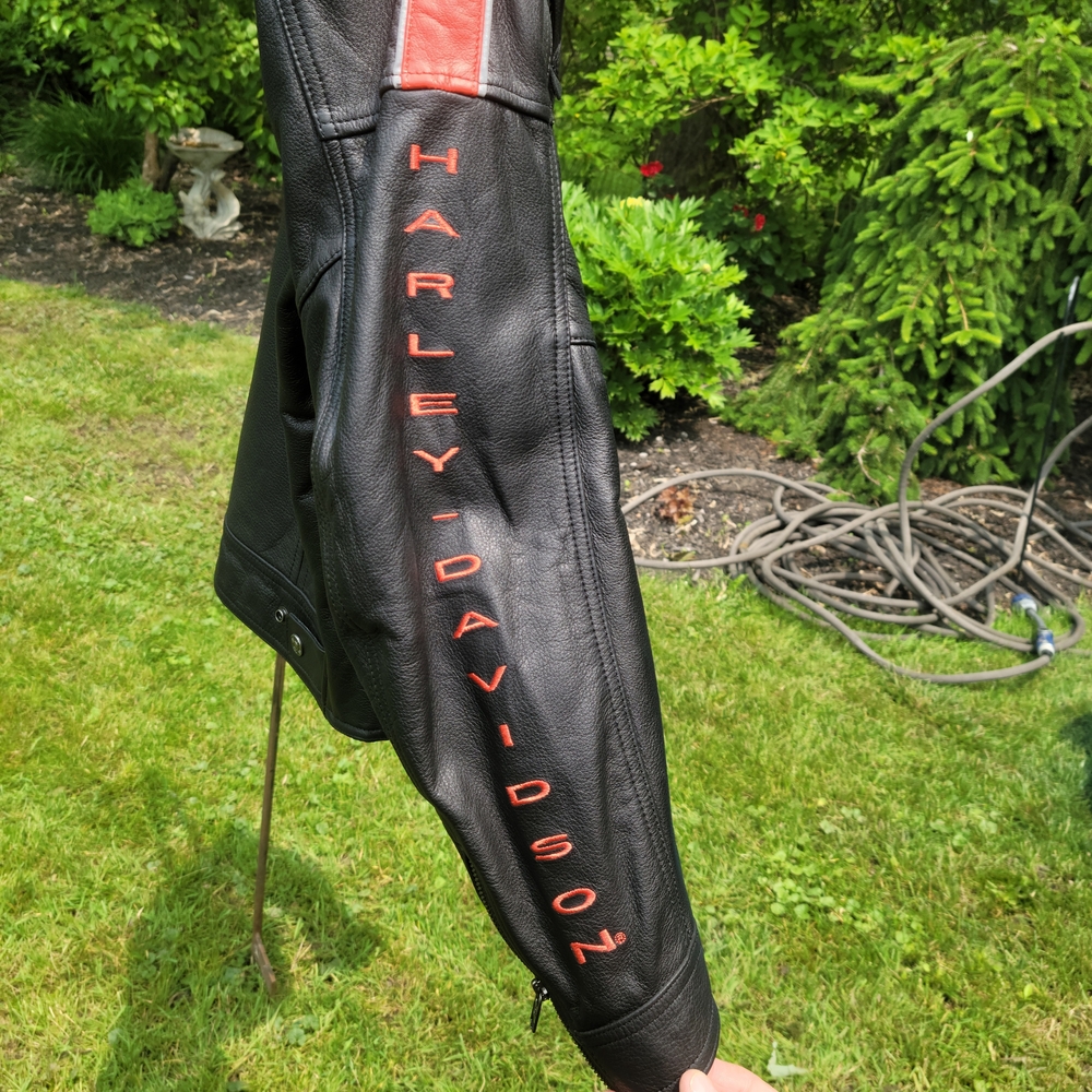 🔥 Harley-Davidson Mens Black Leather Jacket with Orange Accents
